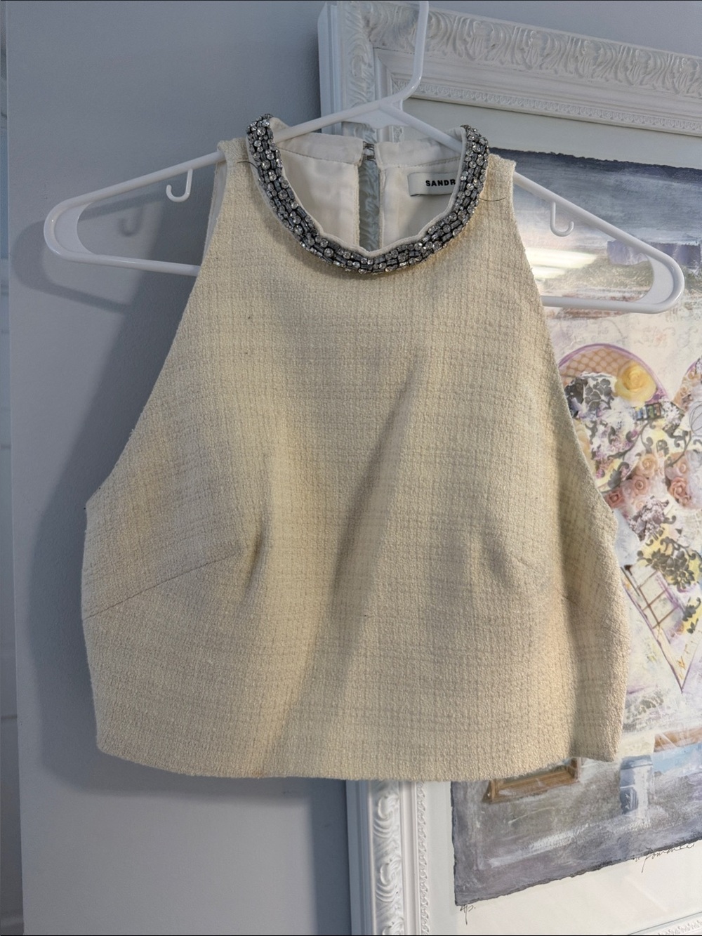 Sandro Cream Beaded Halter Crop Top